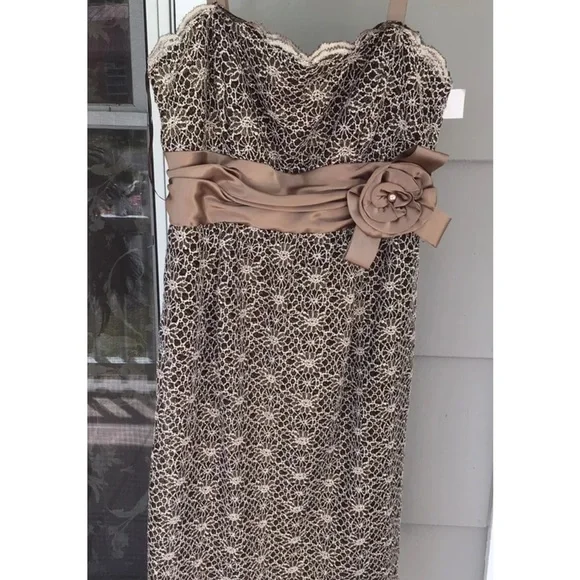 New R & M RICHARDS 6P Brown Gold Sleeveless Lace Satan Bow Dress New Gown Formal - Picture 3 of 10